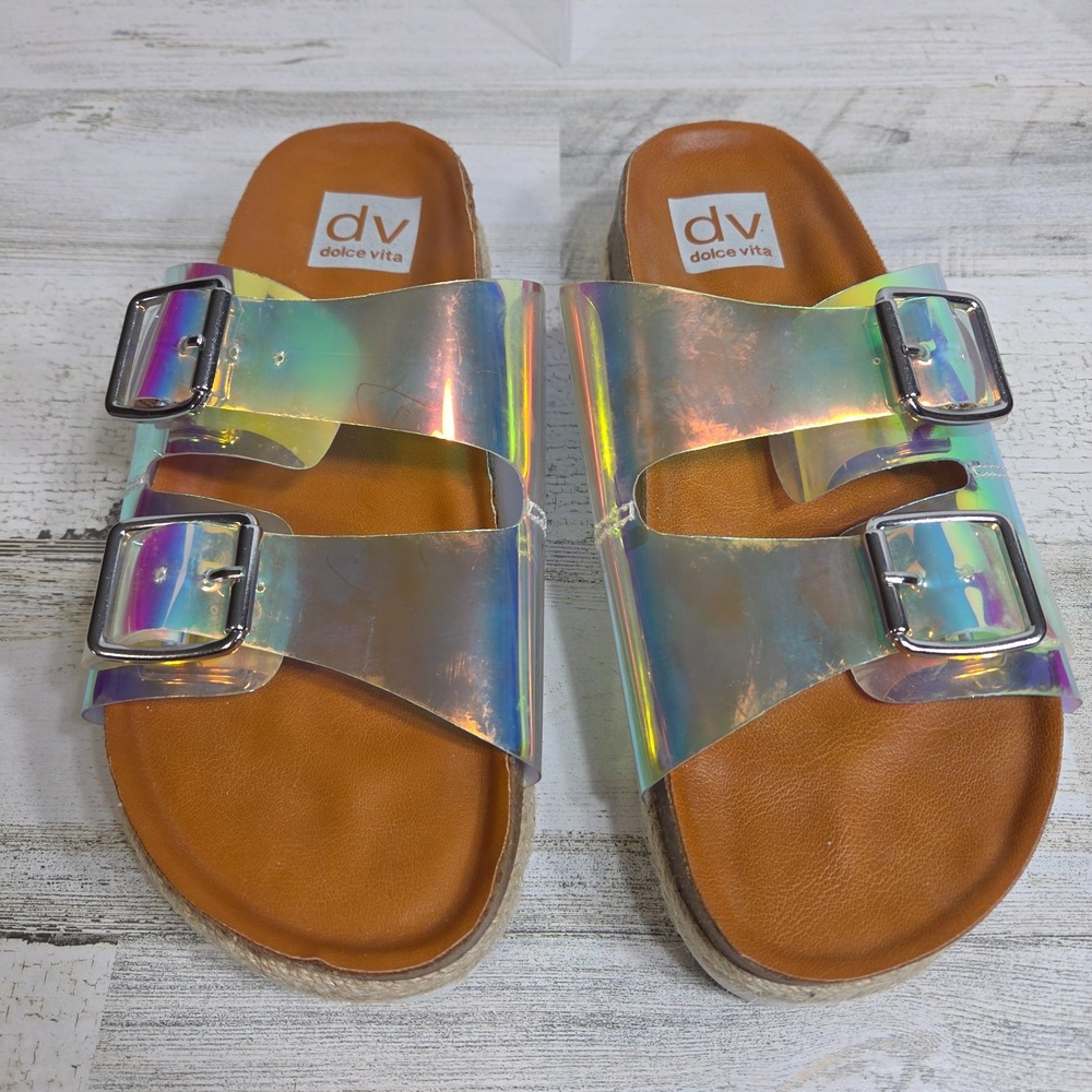 Dolce Vita Shoes Womens Curry Sandals Iridescent Double Strap Buckles sz 7.5